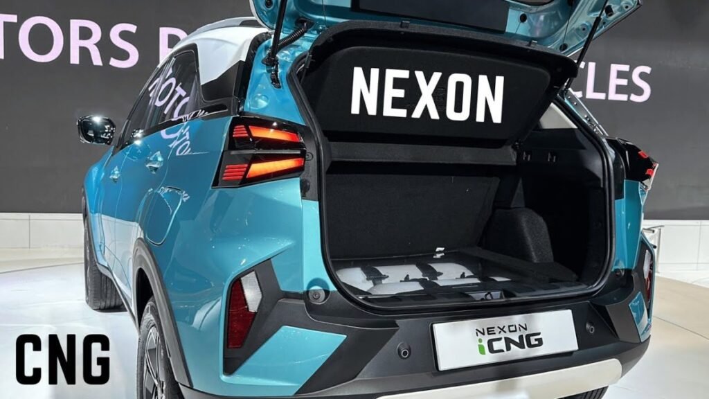 Tata Nexon CNG The rear view of a Tata Nexon CNG car featuring the brand name "Nexon" prominently displayed.