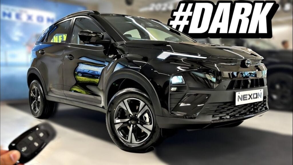 Tata Nexon CNG The Tata Nexon CNG, a sleek black SUV, is prominently displayed in a modern showroom setting.