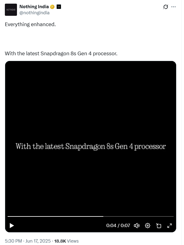 Nothing Phone 3 Official Teaser Post for Snapdragon 8s Gen 4