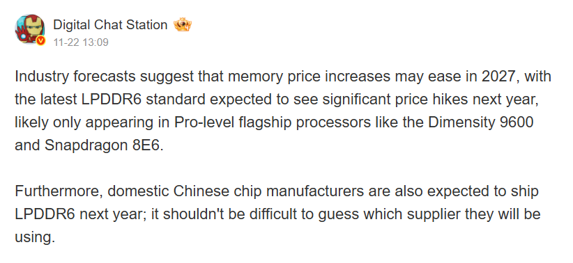 latest leak from insider Digital Chat Station suggests that, according to industry forecasts, memory price increases could level off by 2027.