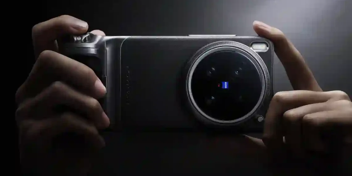 A person holding the Vivo X300 Ultra smartphone horizontally, showcasing its large circular rear camera module with a ZEISS-branded lens in a dark, dramatic lighting setup